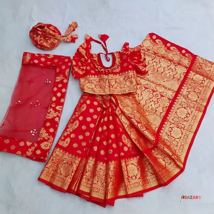 ওড়নাসহ বাচ্চাদের লাল লতা সফট কাতান রেডি শাড়ি
