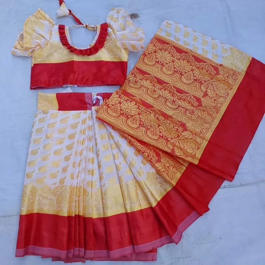 বাচ্চাদের সাদা সফট কাতান রেডি শাড়ি