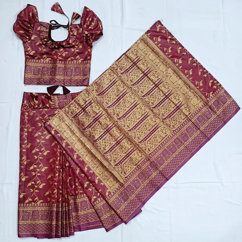 বাচ্চাদের খয়েরী জরি কাতান রেডি শাড়ি