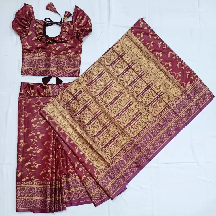 বাচ্চাদের খয়েরী জরি কাতান রেডি শাড়ি